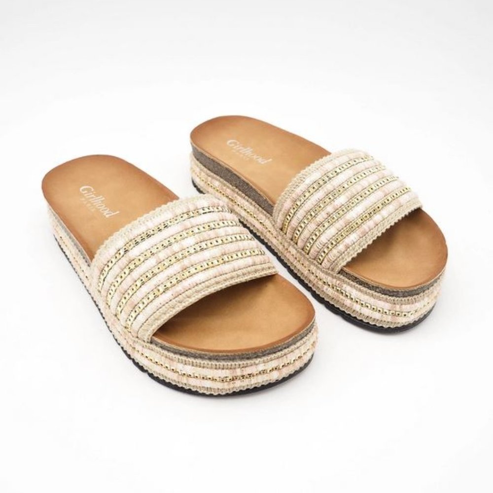 Lyna Mules with Gold Beading - Light Tan